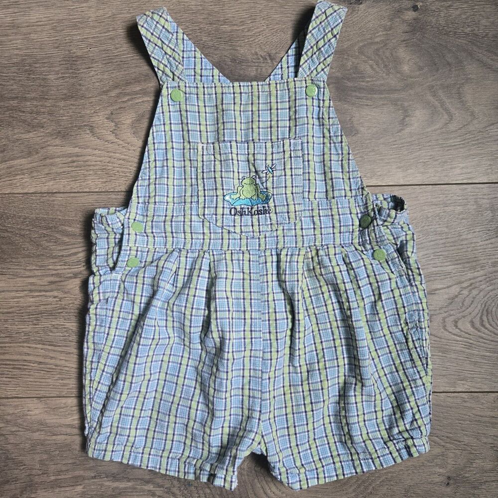 Vintage Baby OshKosh B'gosh Plaid Frog Shortalls 6-9M Blue Green Cotton Romper